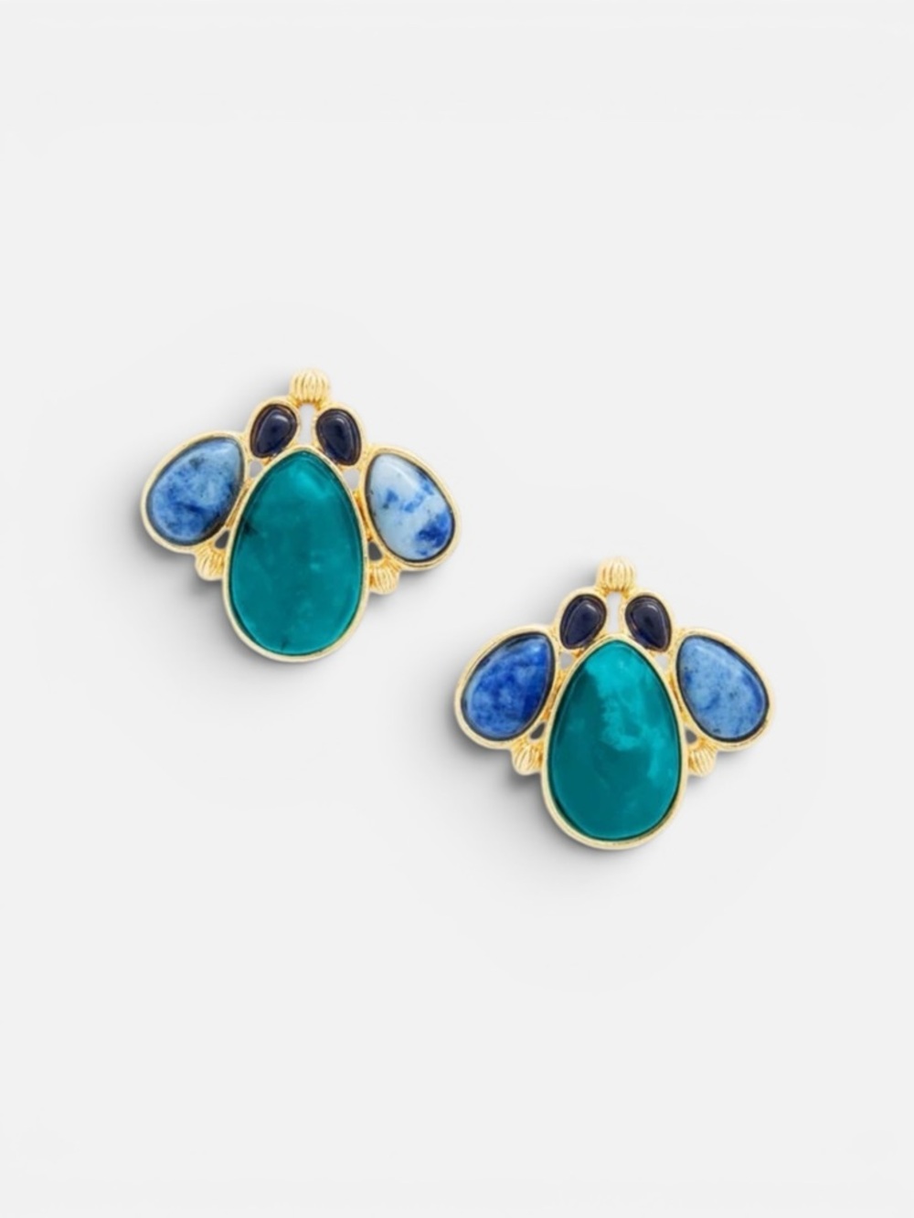Talbots Cluster Bead Stud Earrings Dark Teal Multi & Gold NWT
